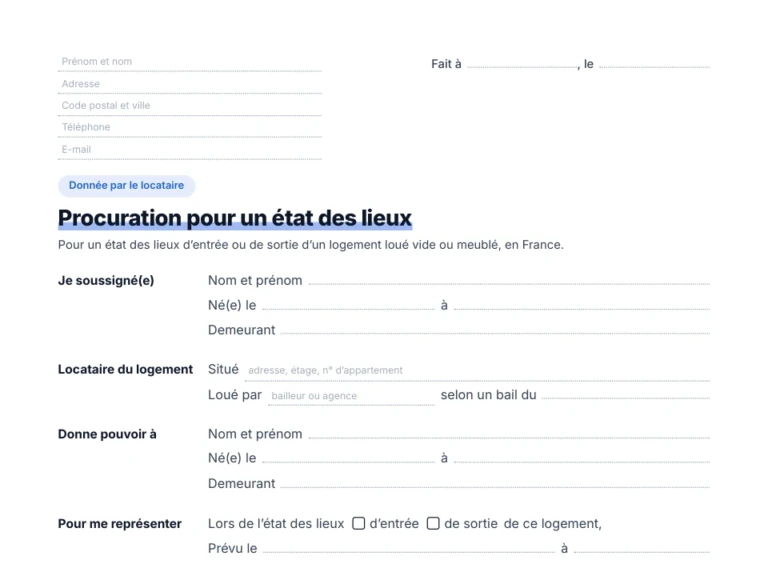 Aperçu de la procuration pour un état des lieux donnée par le locataire, à compléter