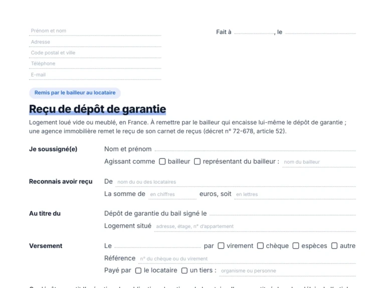 Aperçu du modèle de reçu de dépôt de garantie, à remplir par le bailleur qui encaisse lui-même le dépôt