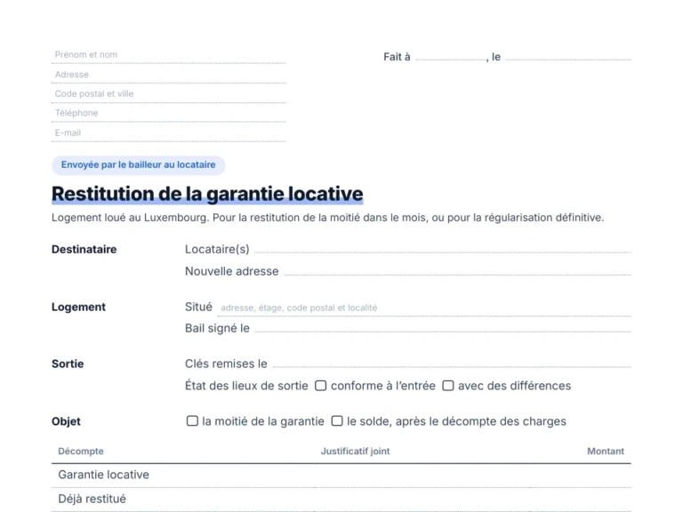 Aperçu de la lettre de restitution de la garantie locative au Luxembourg, à remplir par le bailleur