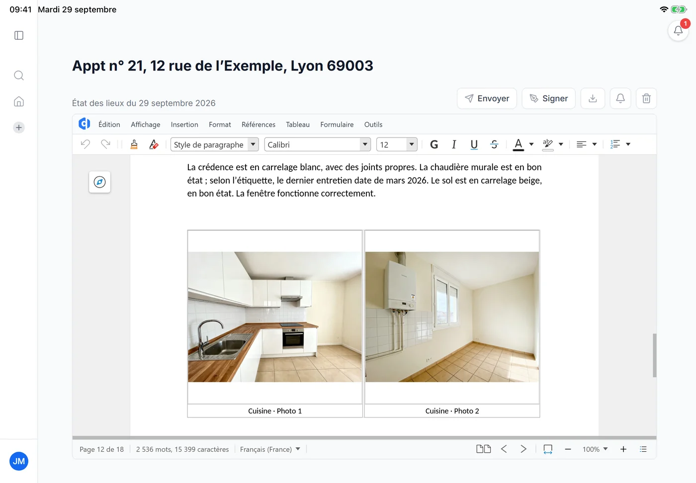 Autlu sur iPad : description de la cuisine rédigée en phrases, avec les photos de la pièce encadrées et légendées