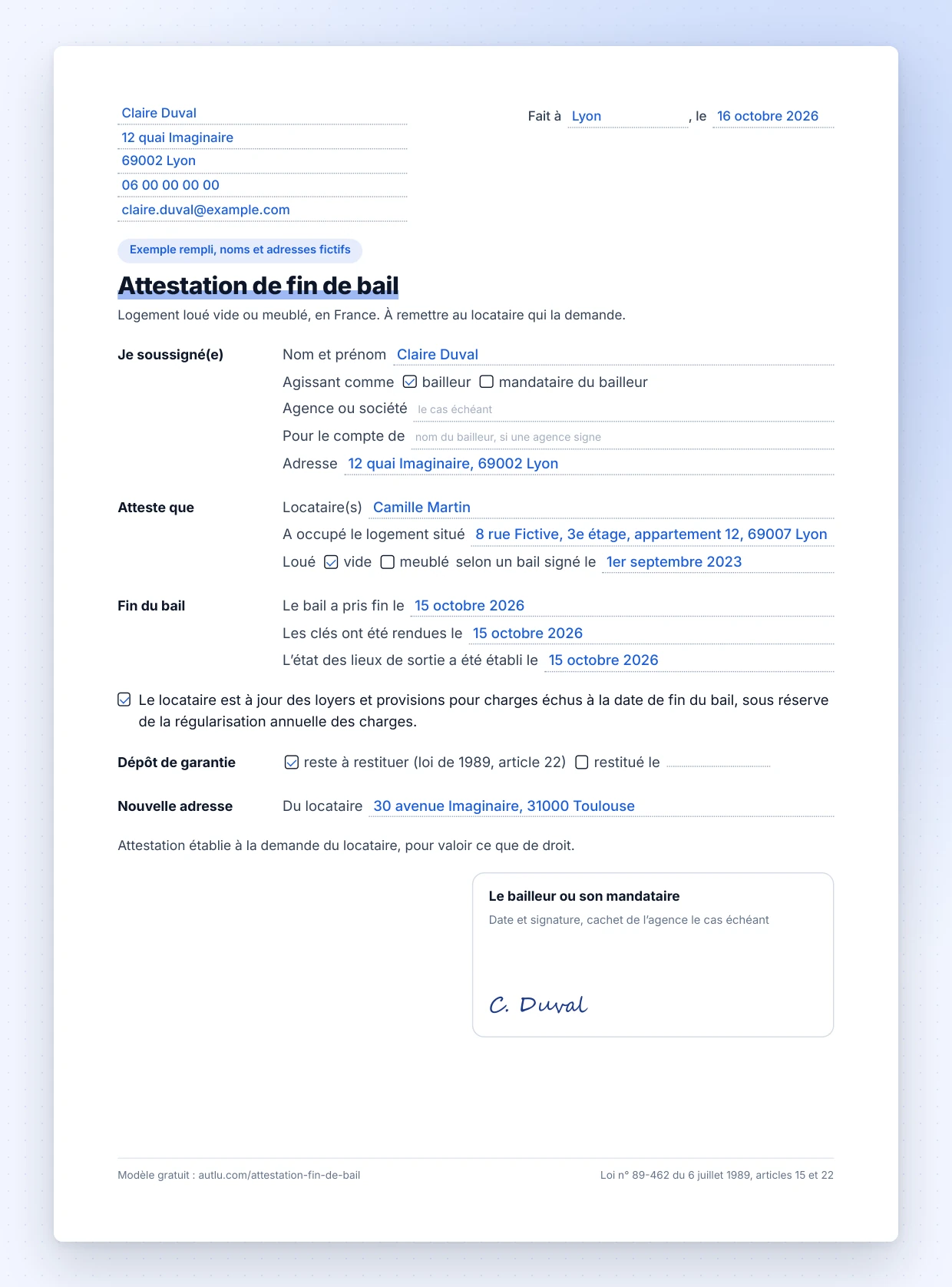 Exemple d'attestation de fin de bail remplie par une bailleuse : dates de fin du bail, de remise des clés et d'état des lieux de sortie