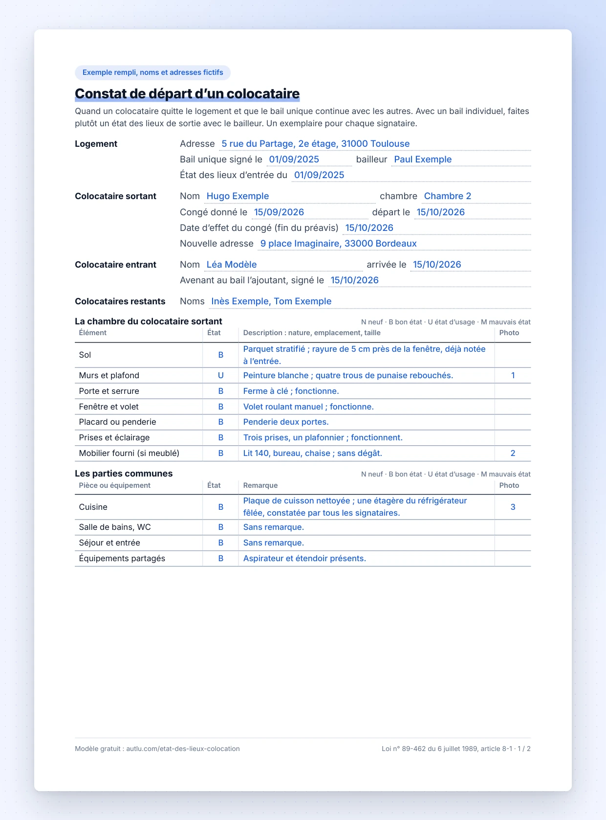 Exemple de constat de départ d'un colocataire rempli : état de la chambre, parties communes, clés remises au colocataire entrant et part du dépôt de garantie remboursée