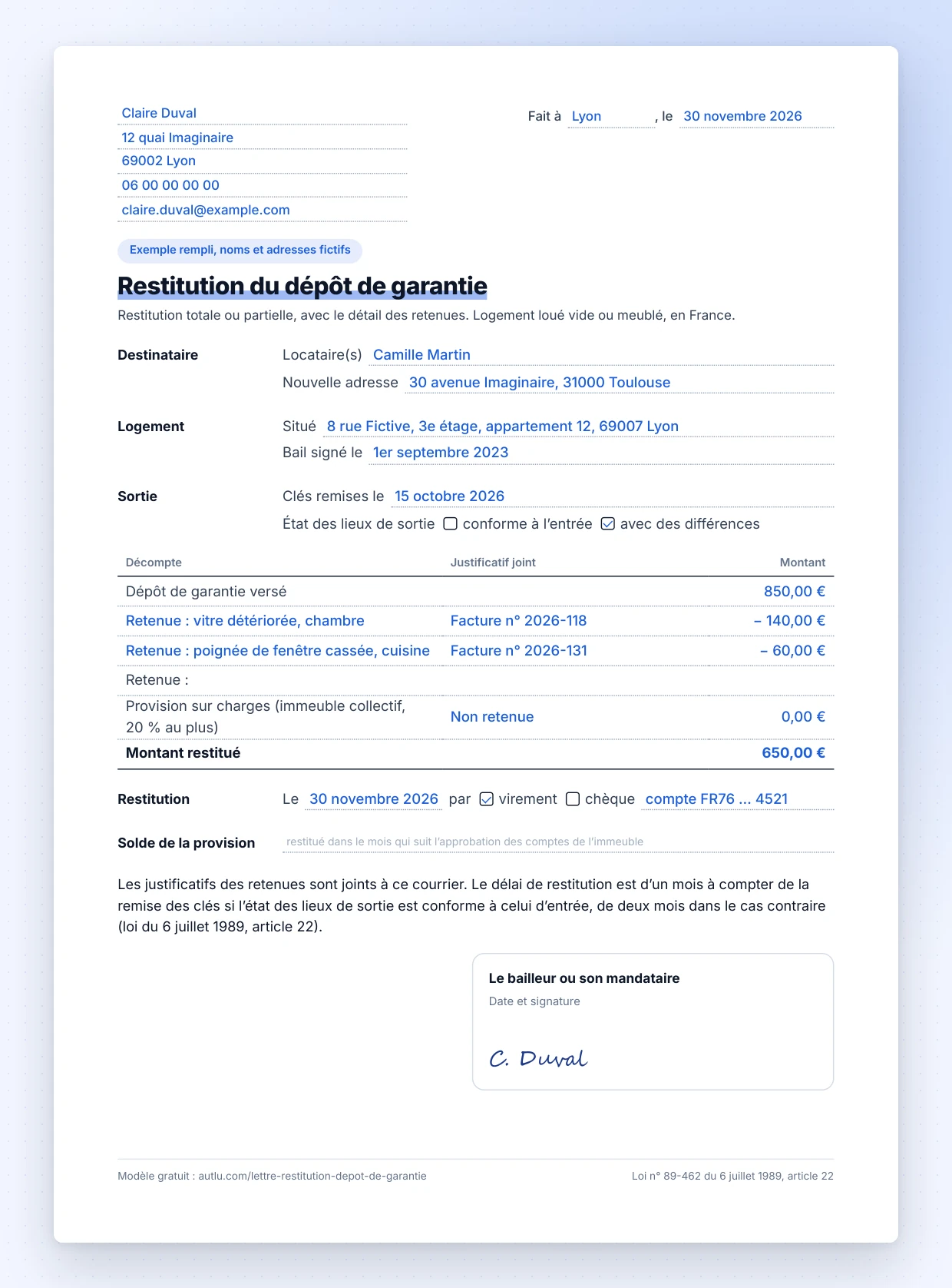 Exemple de lettre de restitution partielle du dépôt de garantie : décompte des retenues avec leurs justificatifs et montant restitué