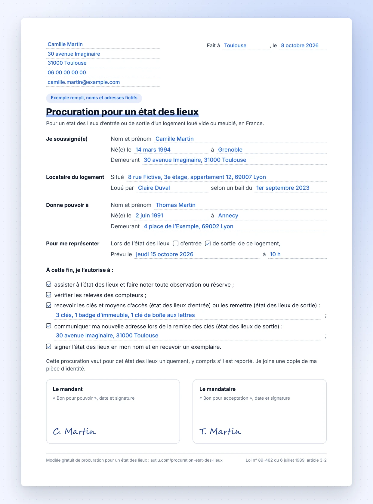 Exemple de procuration pour un état des lieux de sortie : une locataire donne pouvoir à son frère d'assister, de rendre les clés et de signer