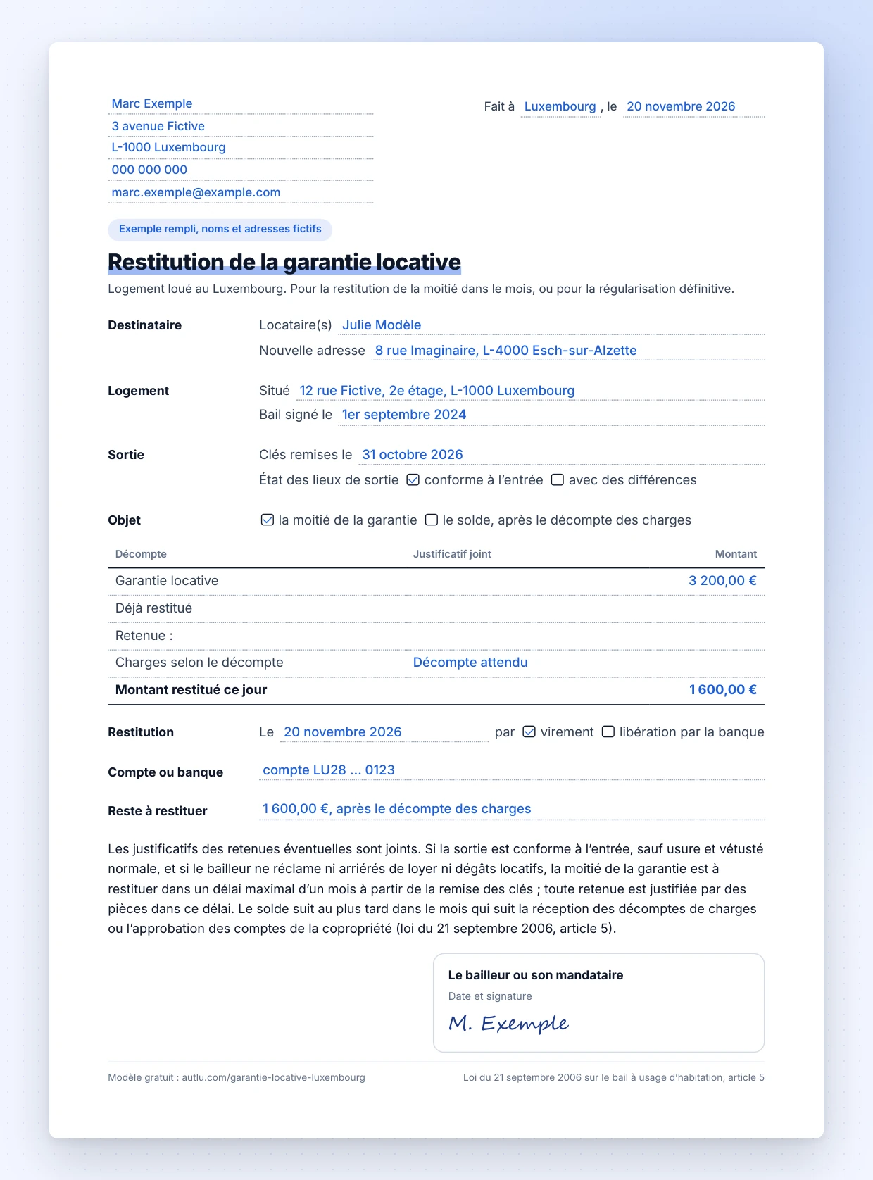 Exemple de lettre de restitution de la garantie locative au Luxembourg : la moitié rendue après une sortie conforme à l'entrée, le reste après le décompte des charges