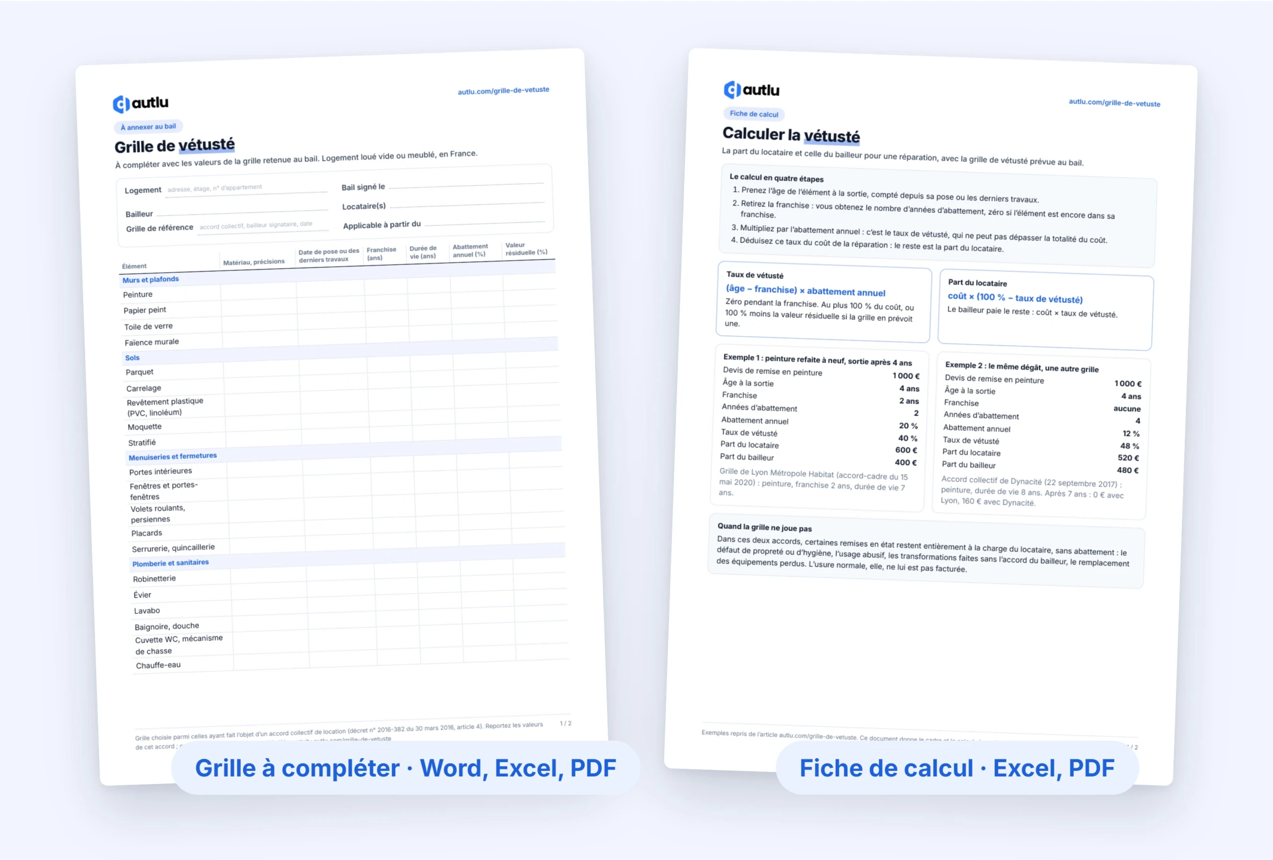 Aperçu de la grille de vétusté à compléter, en Word, Excel et PDF, et de la fiche de calcul de la vétusté