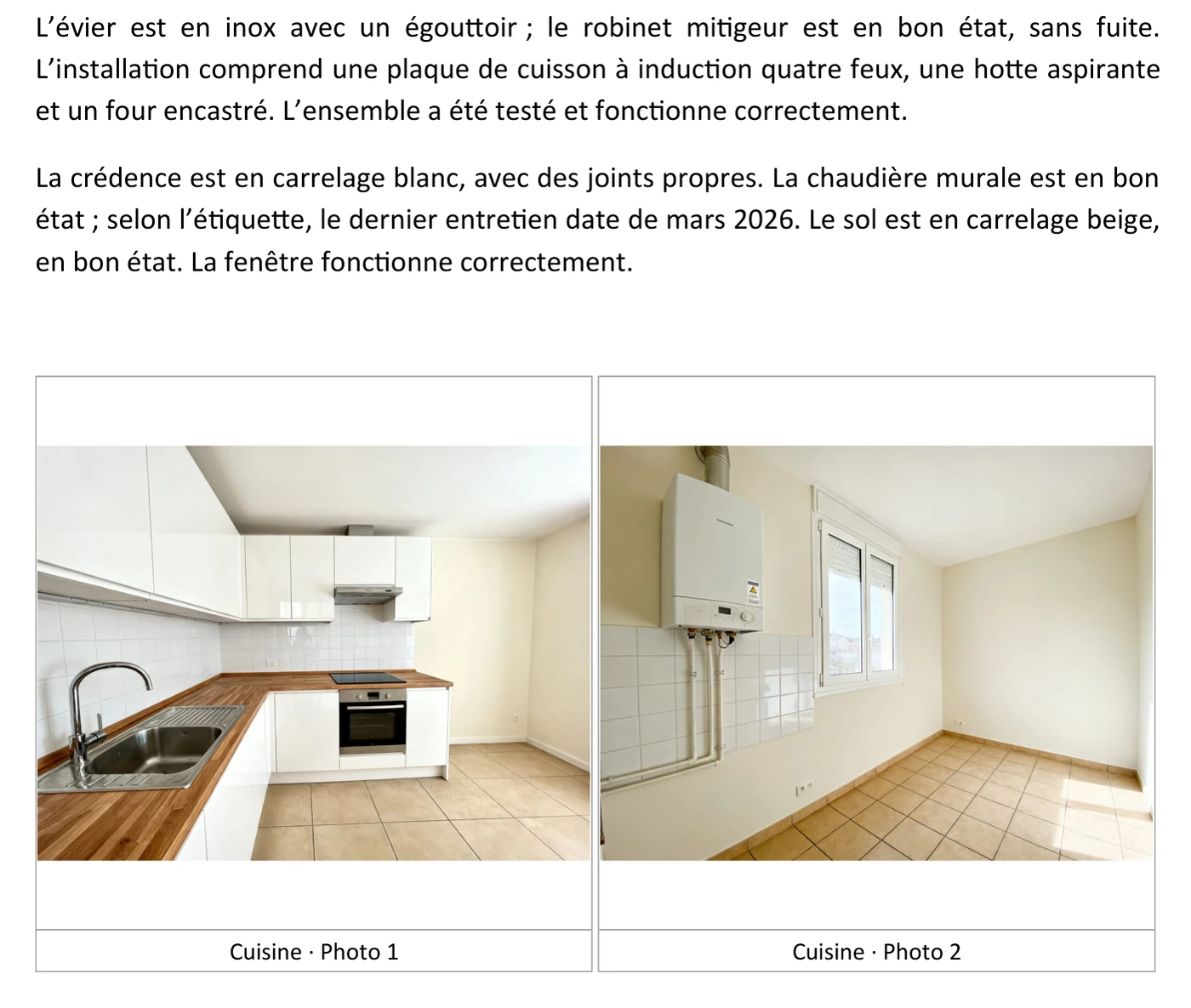 Extrait d'un rapport Autlu : la cuisine décrite en phrases complètes, avec les photos de la pièce (données de démonstration)