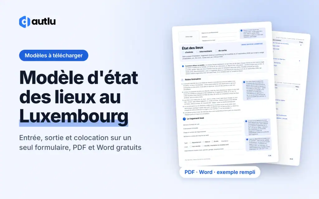Modèle d'état des lieux au Luxembourg : aperçu du modèle vierge et de l'exemple rempli, PDF et Word