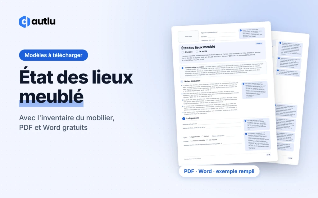 État des lieux meublé : aperçu du modèle vierge et de l'exemple rempli, PDF et Word