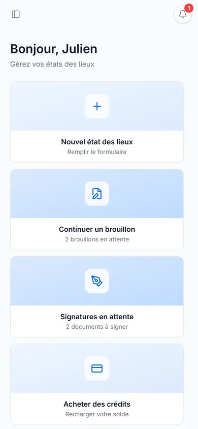 Tableau de bord Autlu sur téléphone : nouvel état des lieux, brouillons, signatures en attente et crédits (données fictives)