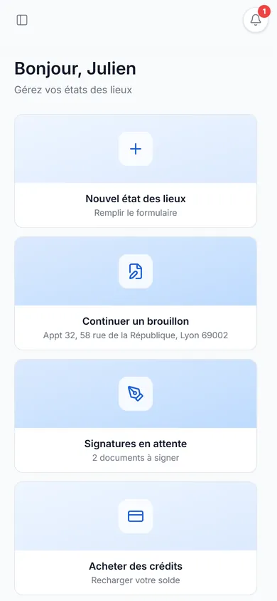 Tableau de bord Autlu sur téléphone : nouvel état des lieux, brouillons, signatures en attente et crédits (données fictives)